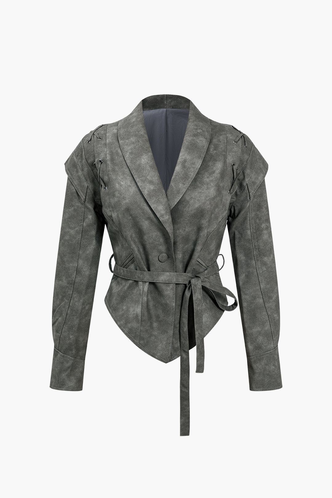 Faux Leather Tie Front Crossed Button Jacket Dreamardi