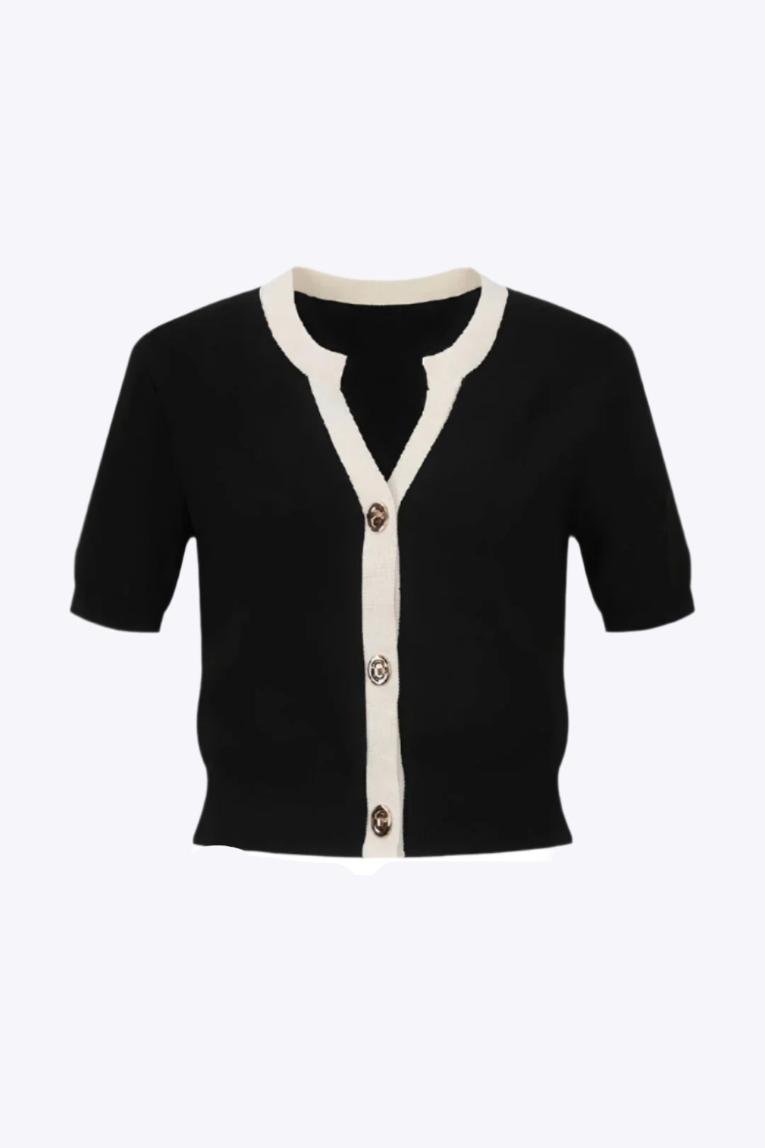 Plus Size Knit Button Patchwork V-Neck Short Sleeve Cardigan Dreamardi