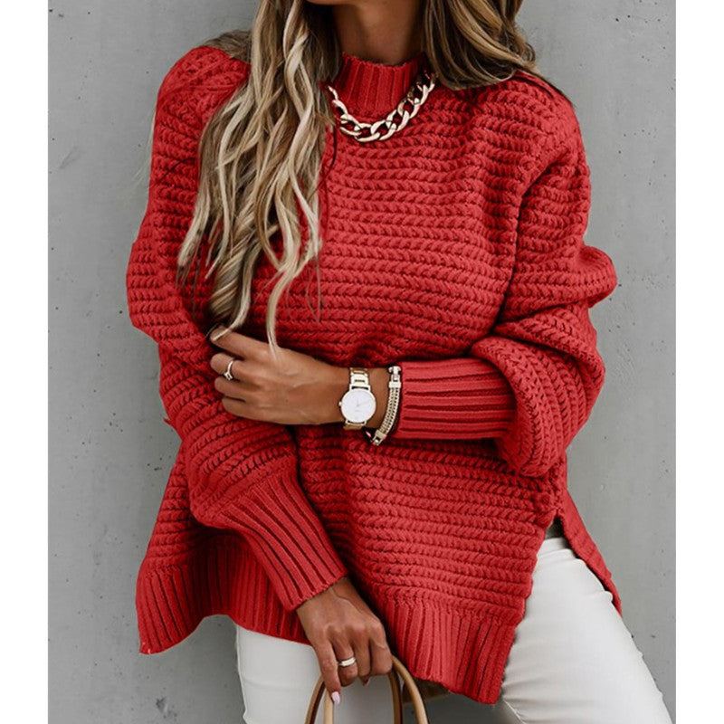 Solid color drawstring side slit knit sweater Dreamardi