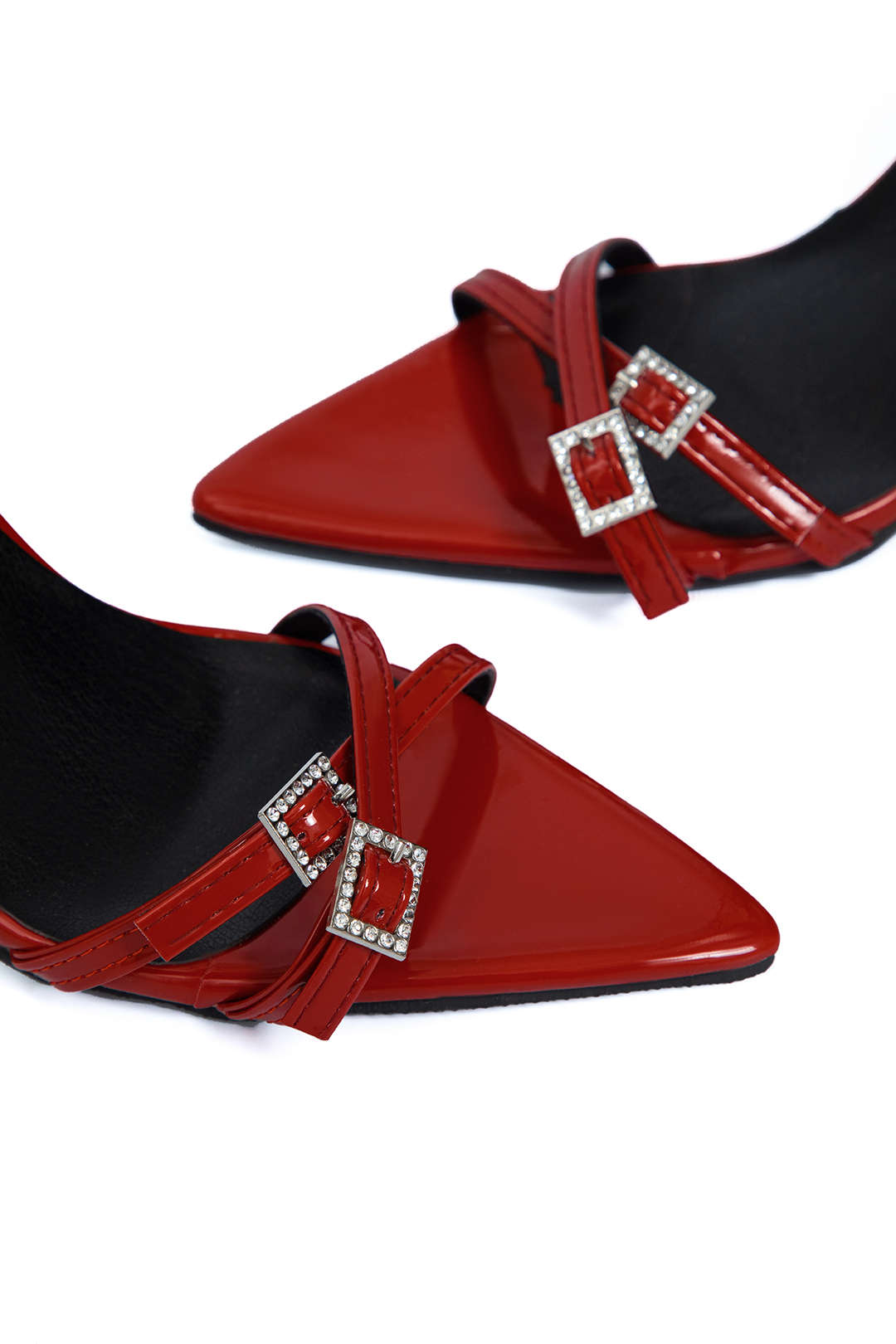Rhinestone Embellished Artificial Patent Leather Cross Strap Open Toe High Heels Dreamardi
