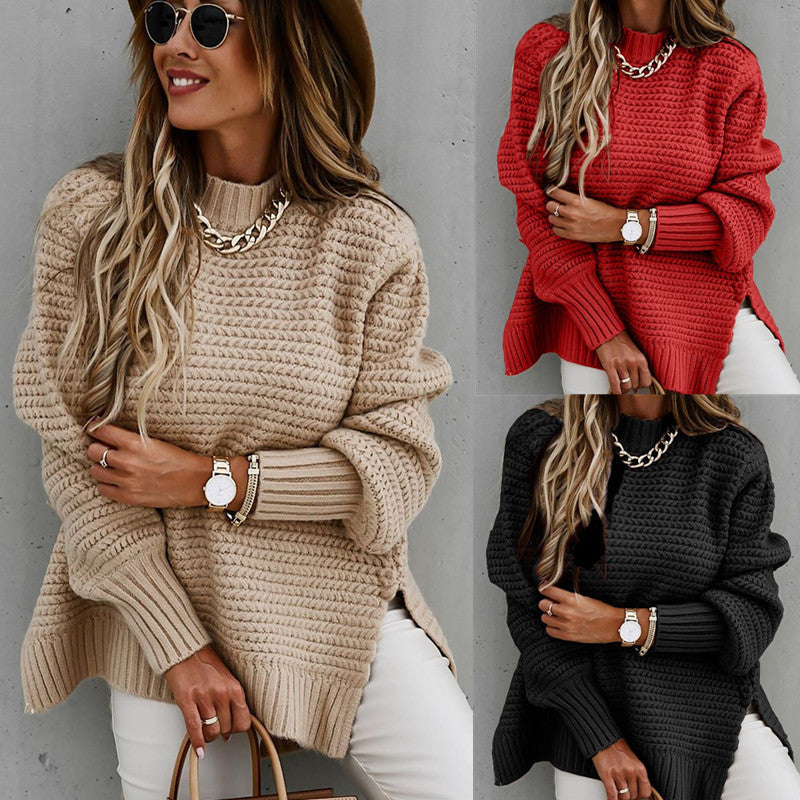 Solid color drawstring side slit knit sweater Dreamardi