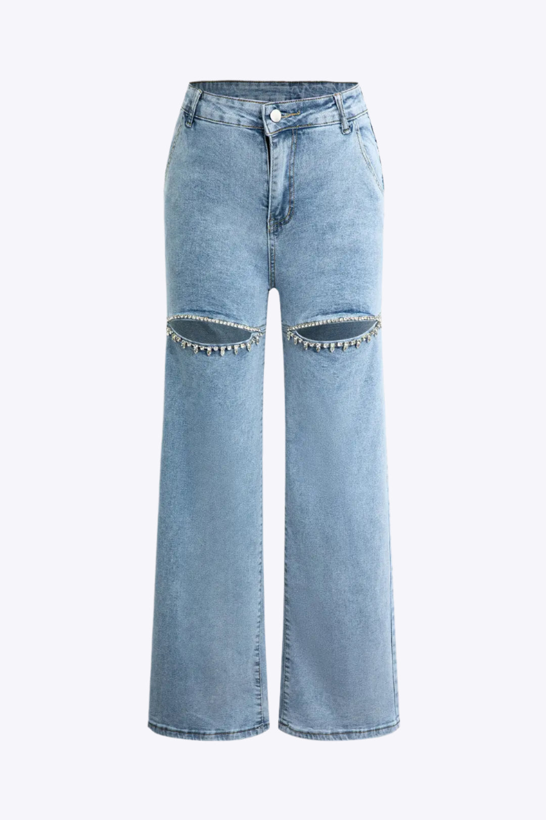 Rhinestone Embellished Cut Out Straight Leg Jeans Dreamardi