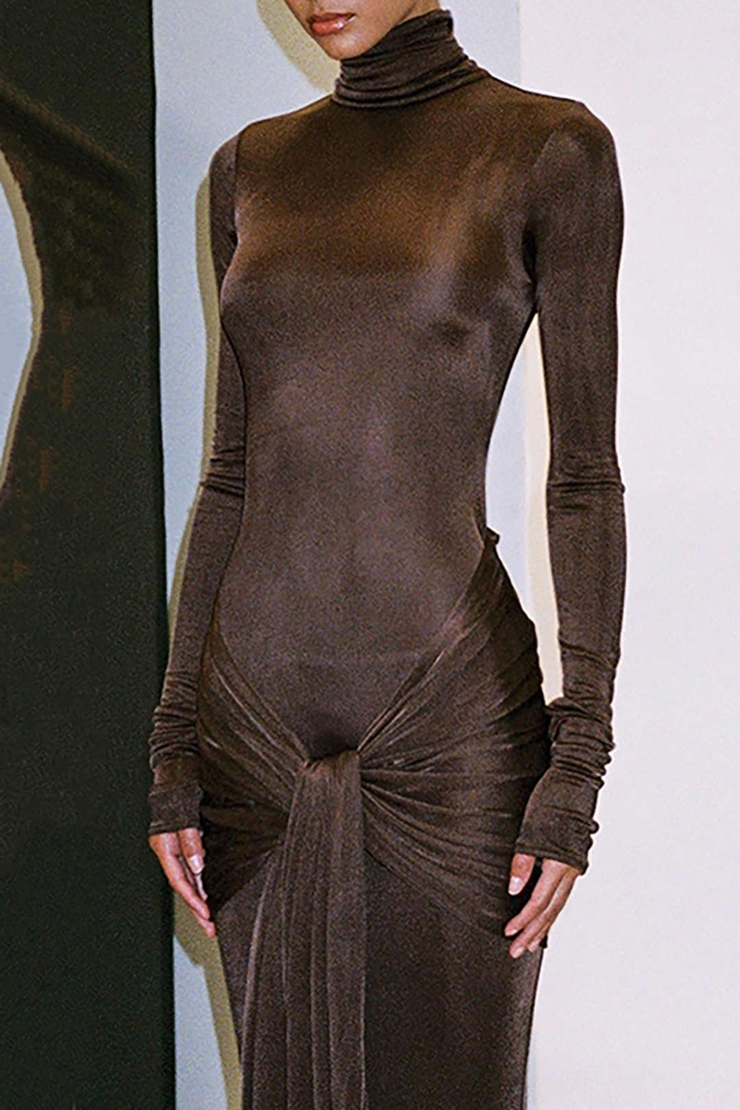 Wrap Ruched High Neck Long Sleeve Maxi Dress Dreamardi