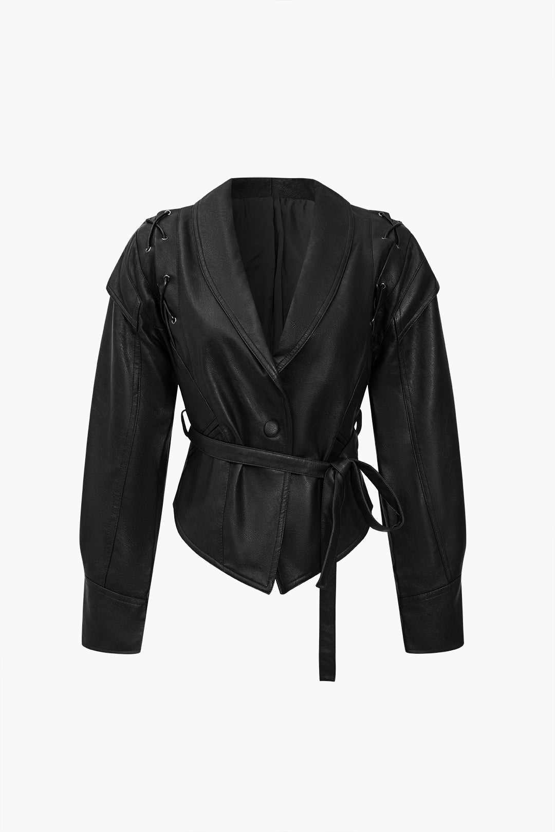 Faux Leather Tie Front Crossed Button Jacket Dreamardi