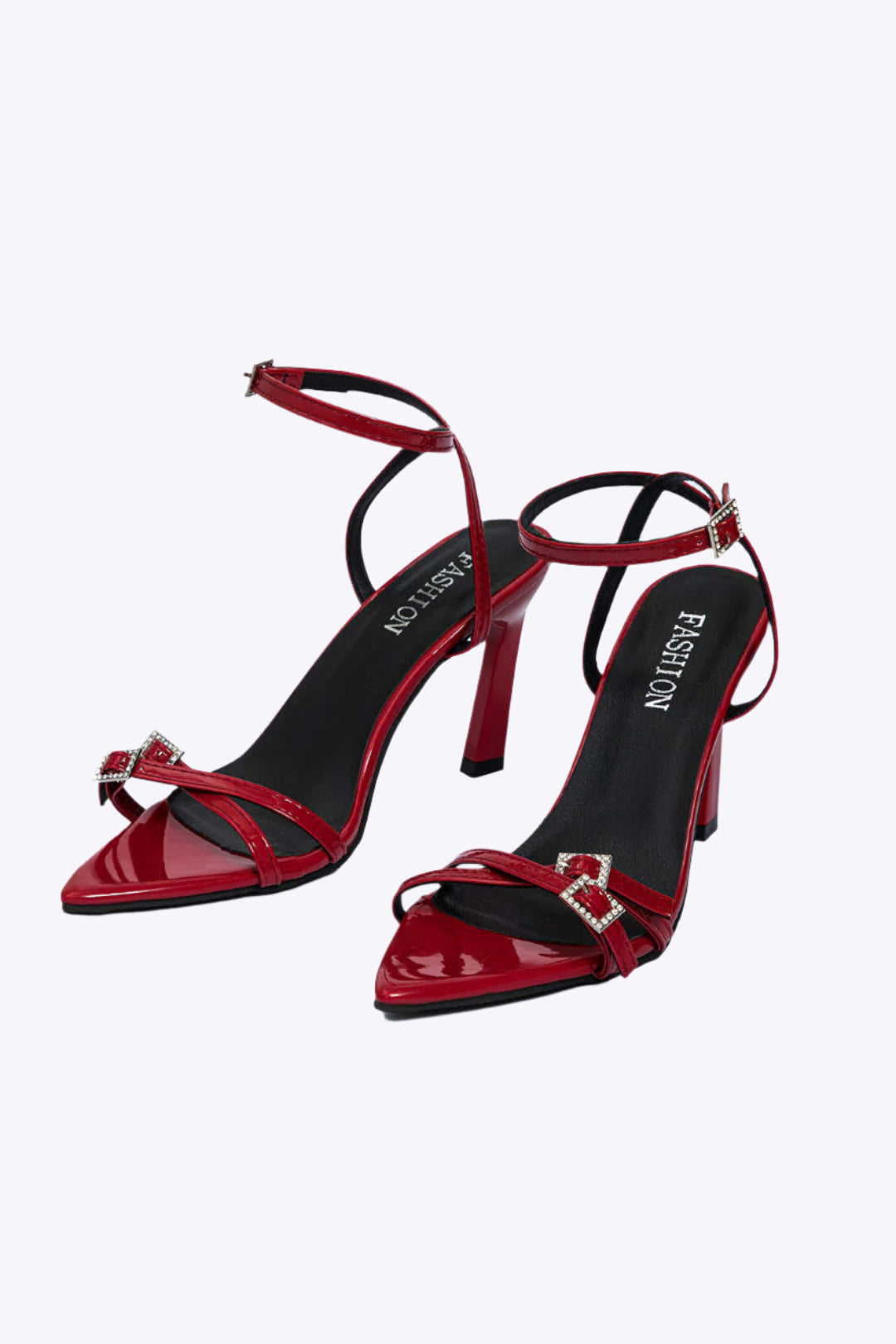 Rhinestone Embellished Artificial Patent Leather Cross Strap Open Toe High Heels Dreamardi