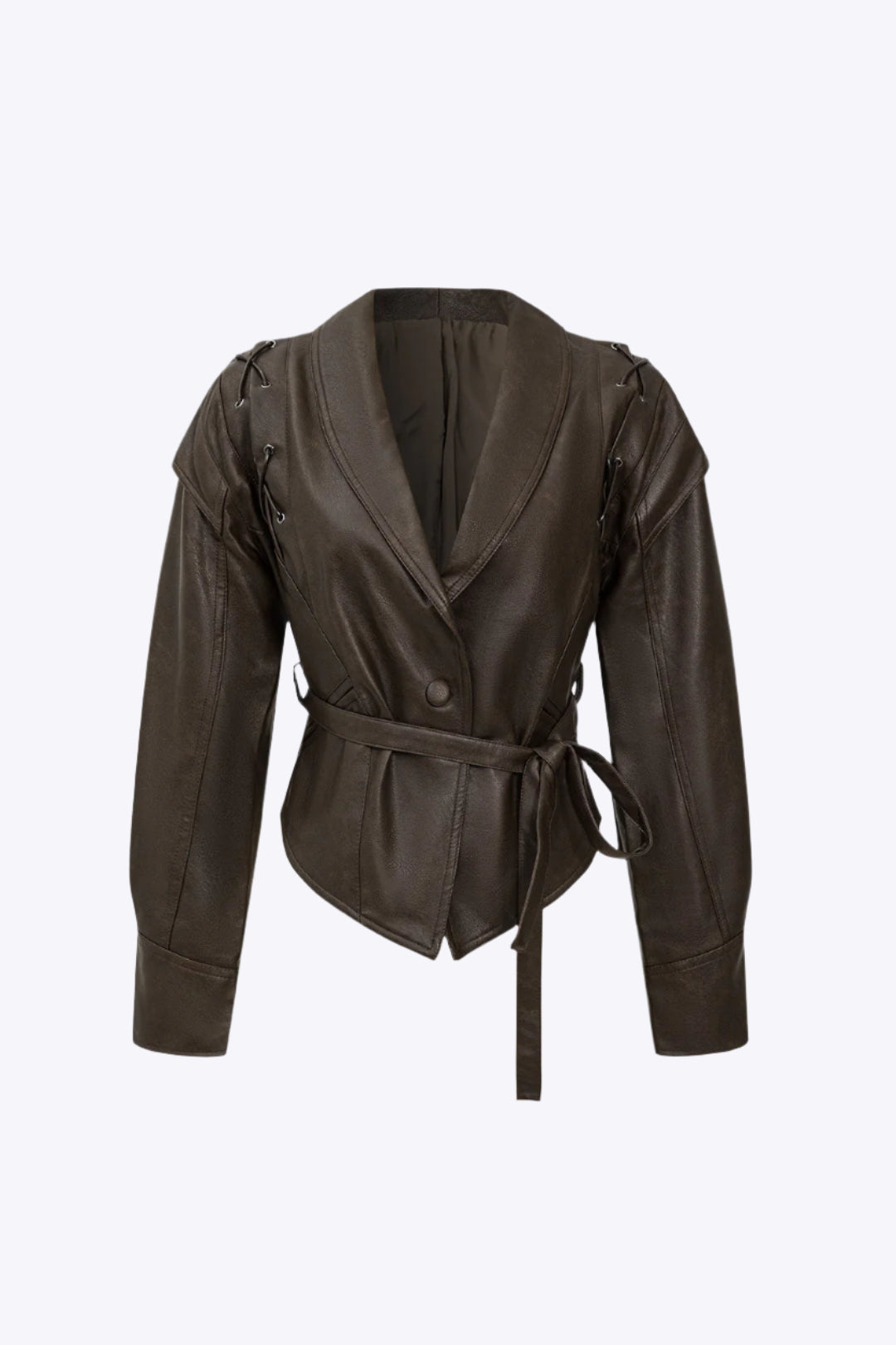 Faux Leather Tie Front Crossed Button Jacket Dreamardi