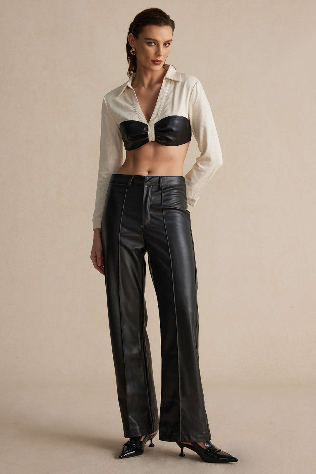 Color Block Faux Leather Linen Ruched Long-Sleeve Shirt Dreamardi