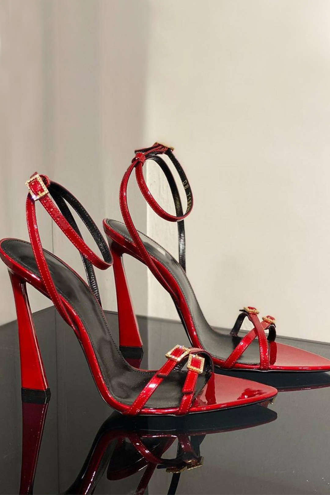 Rhinestone Embellished Artificial Patent Leather Cross Strap Open Toe High Heels Dreamardi