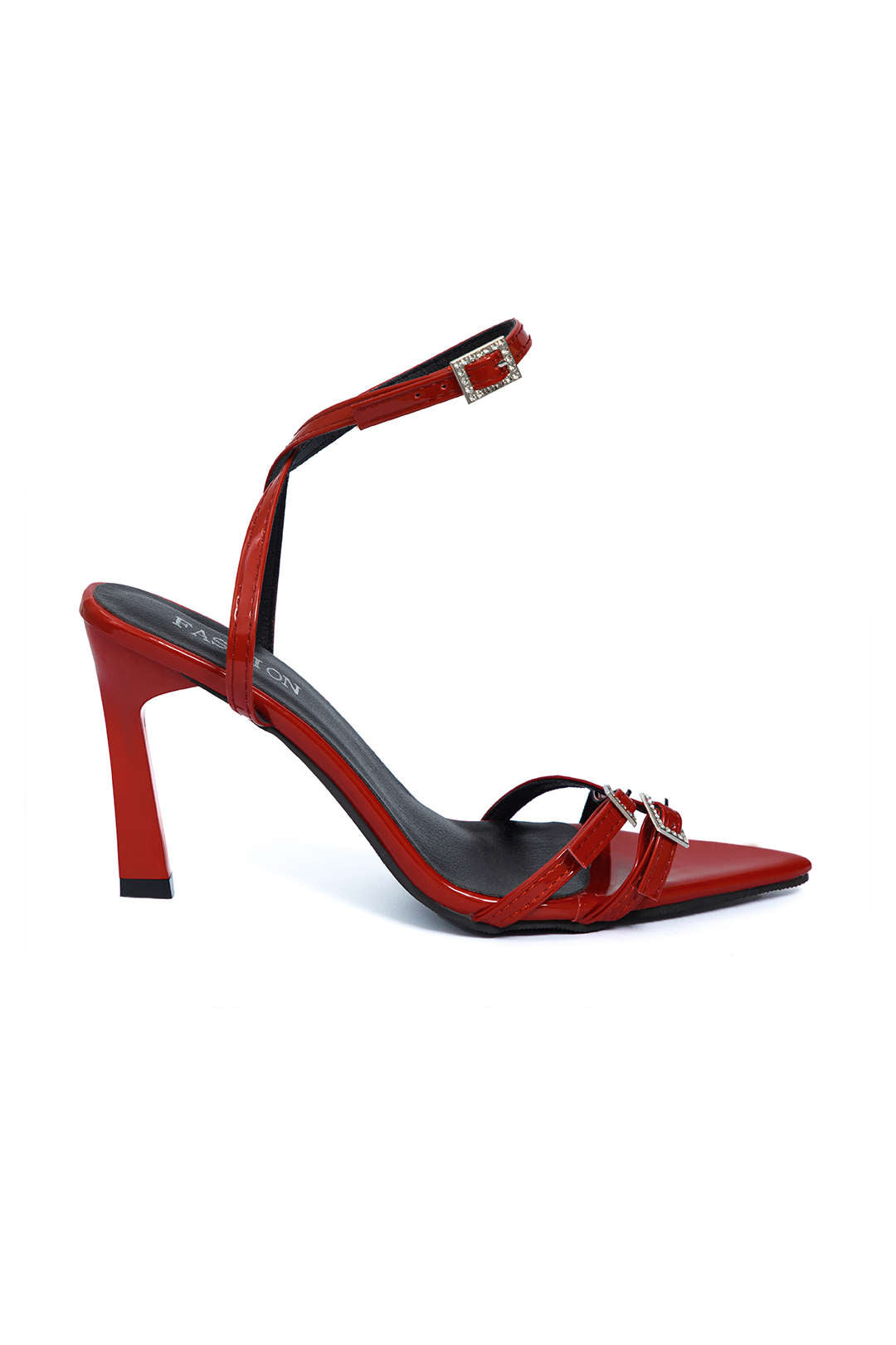 Rhinestone Embellished Artificial Patent Leather Cross Strap Open Toe High Heels Dreamardi