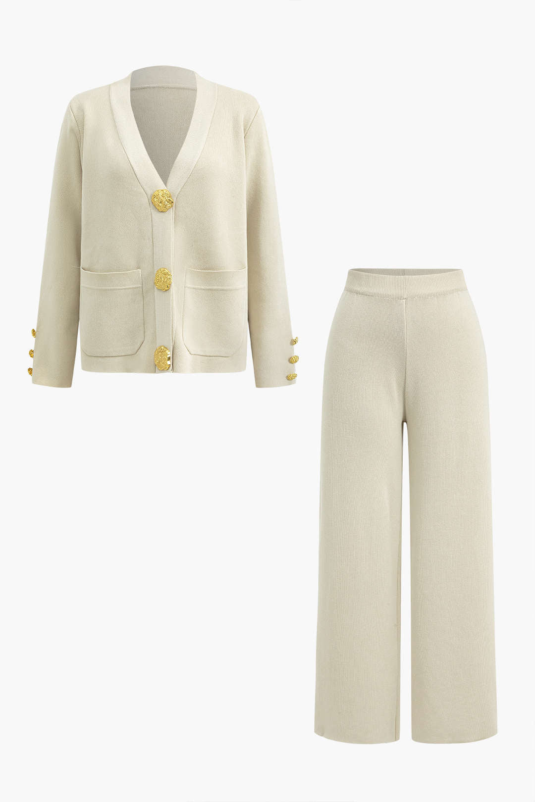 Button Detail Knit Cardigan And Wide-Leg Pants Set Dreamardi