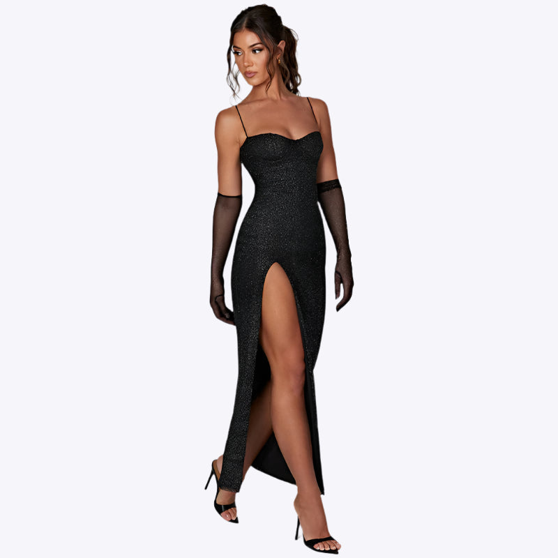 Stitching Slim-fit Shiny Split Suspender Dress Dreamardi