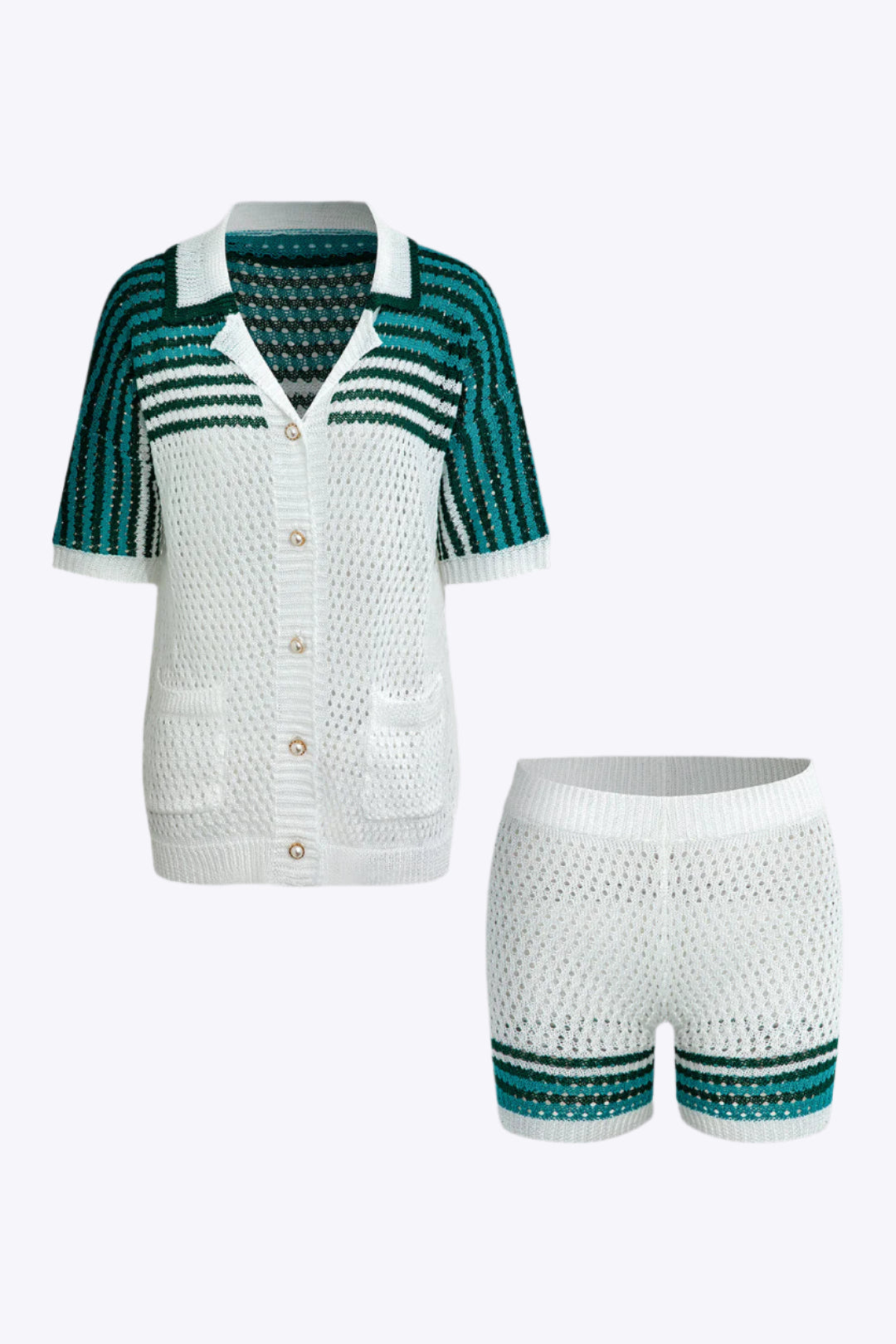 Striped Crochet Knit Cardigan and Shorts Set Dreamardi