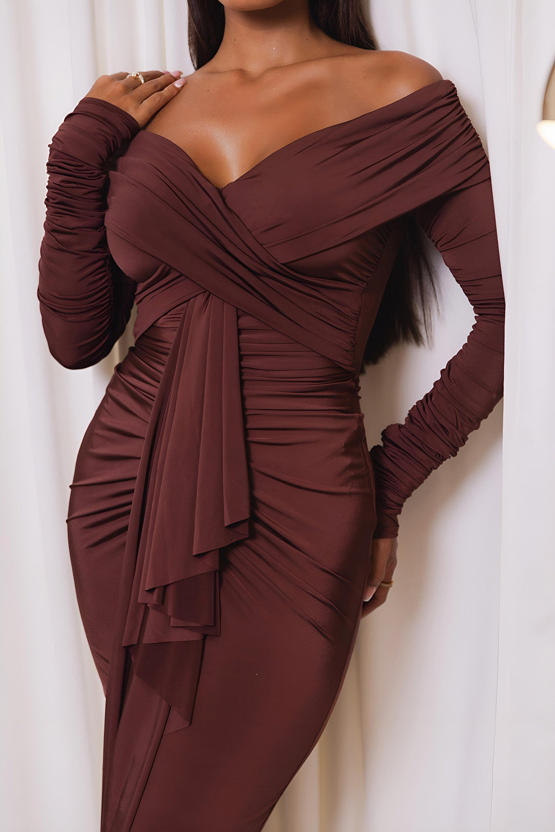 Ruched Off Shoulder Drape Detail Maxi Dress Dreamardi