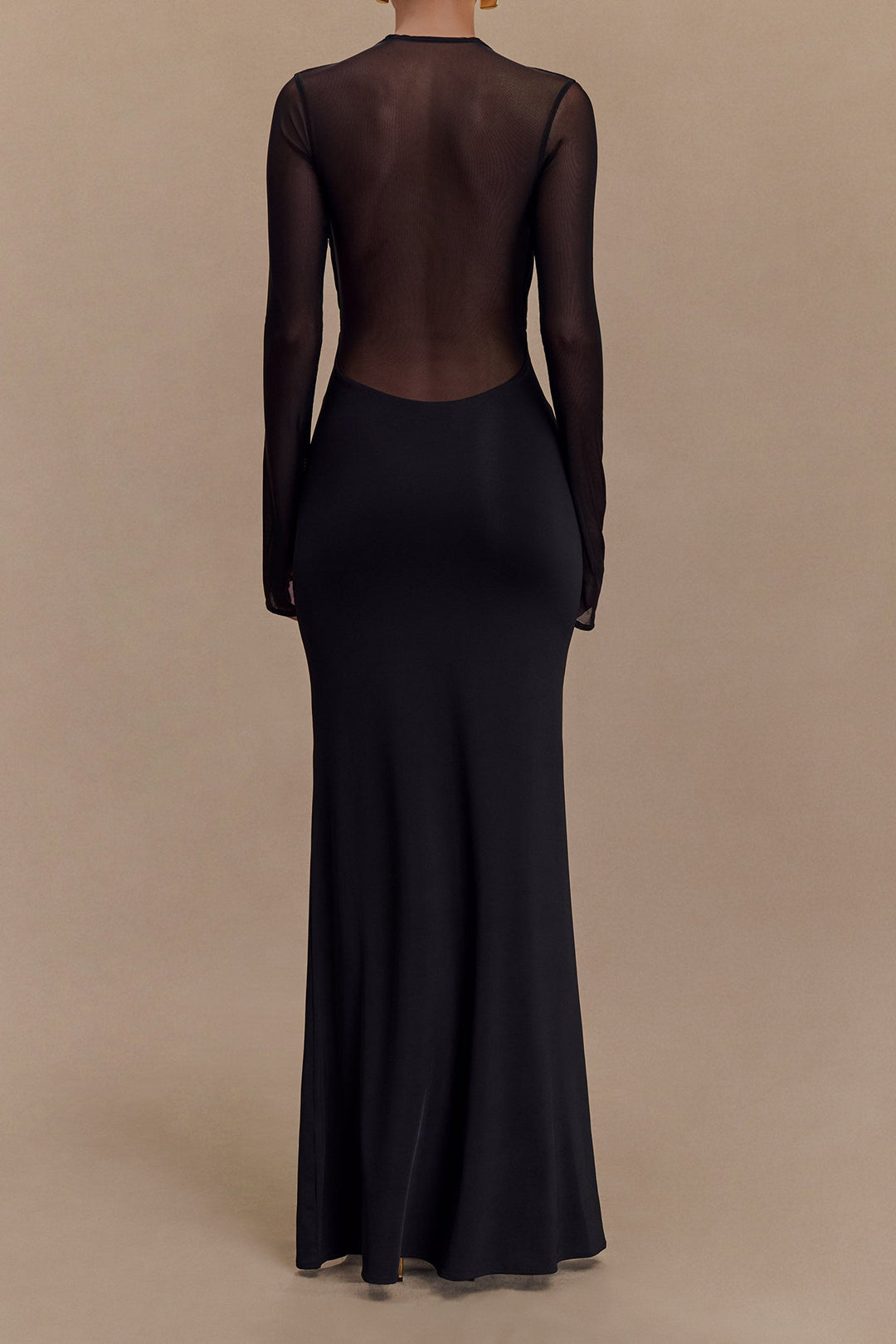 Crossed Mesh Sheer V-Neck Long Sleeve Maxi Dress Dreamardi