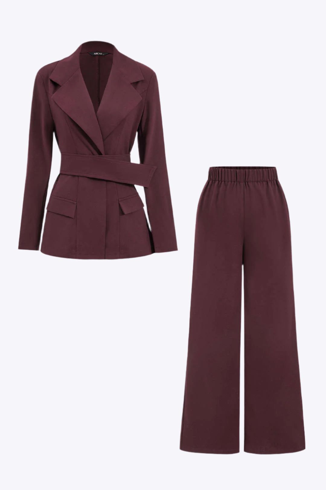 Notched Lapel Belted Blazer And Trousers Set Dreamardi