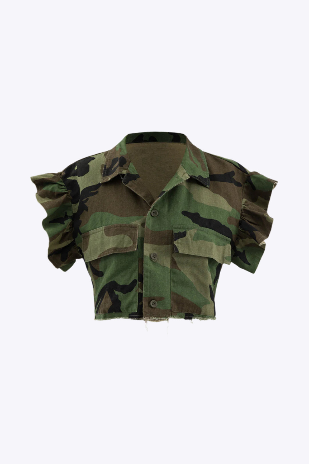 Camo Ruffle Sleeve Crop Frayed T-Shirt Dreamardi