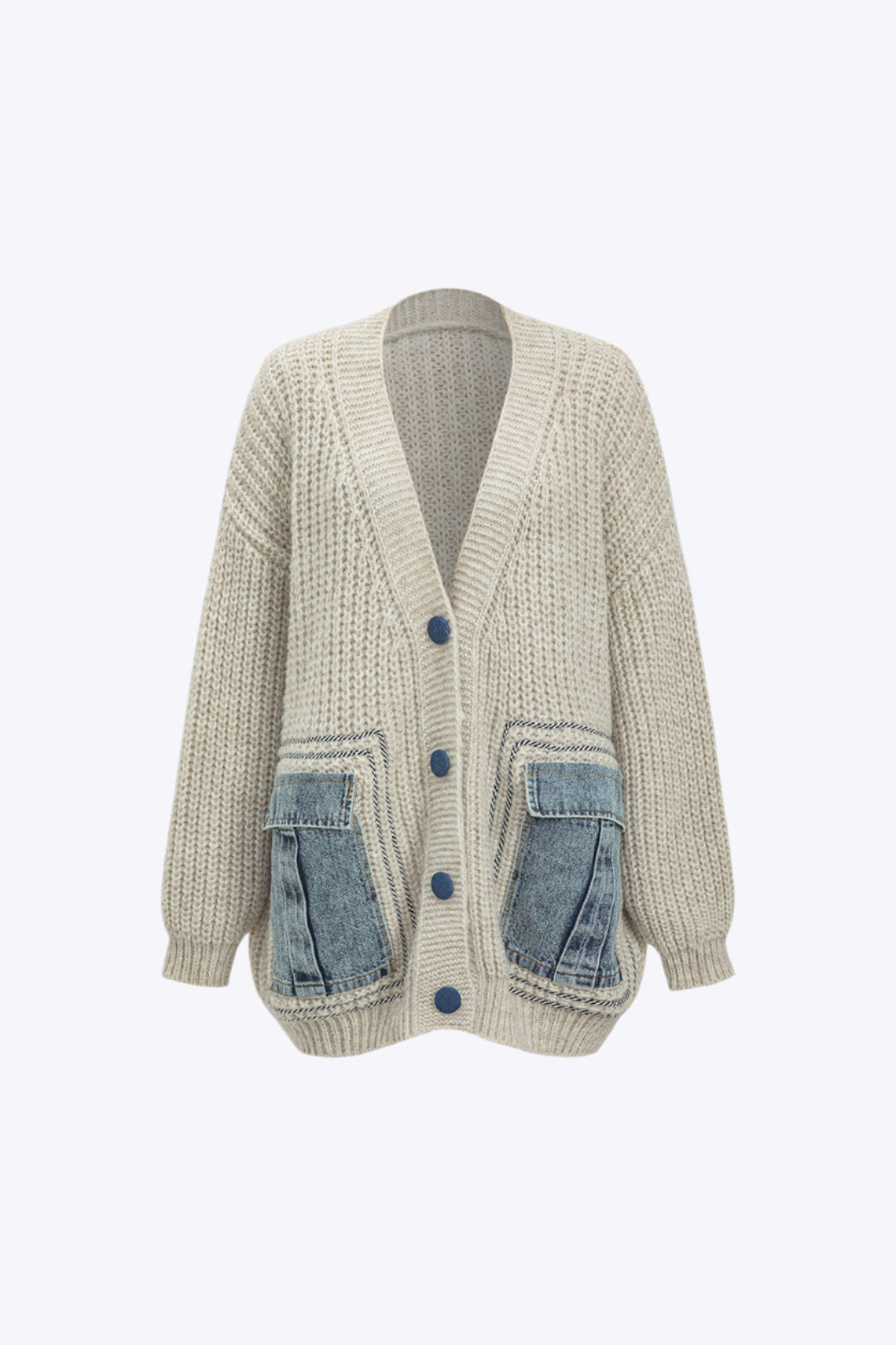 Denim Patchwork Button Pocket Sweater Cardigan Dreamardi