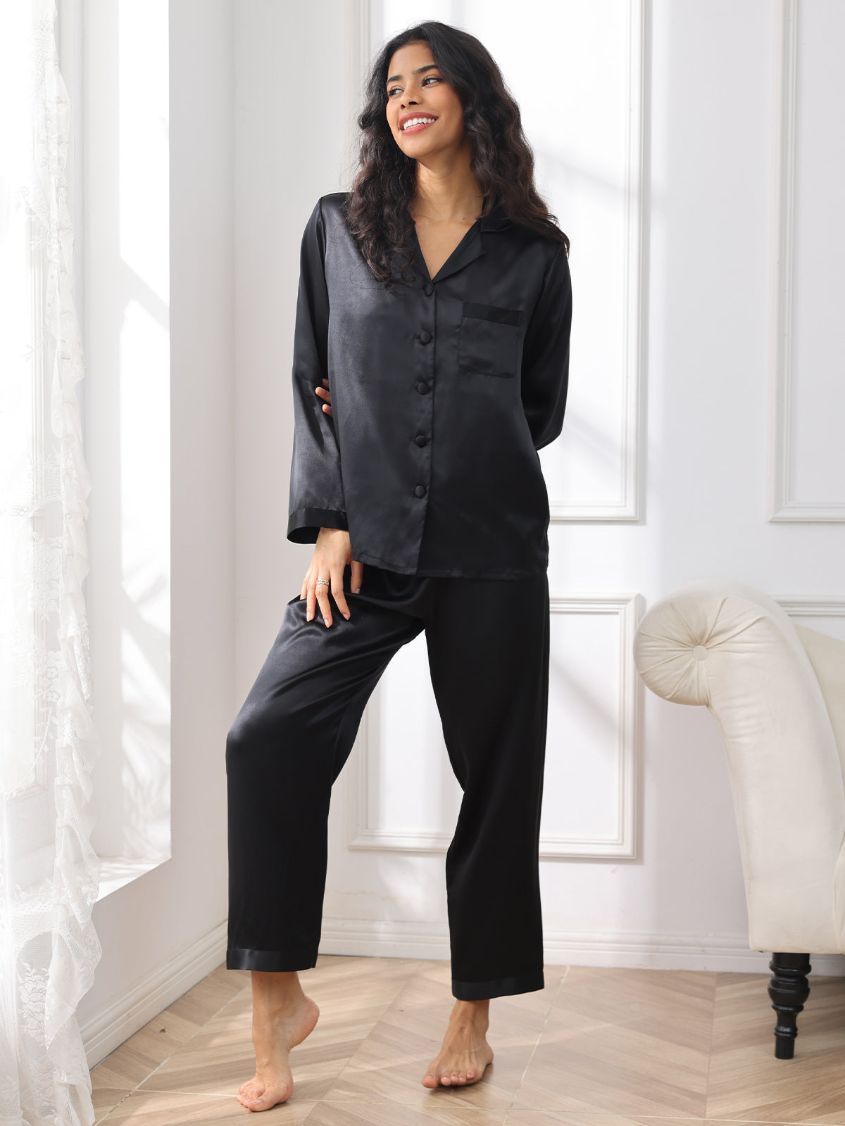 Zuivere Zijde Button Up Dames Pyjama Set Dreamardi