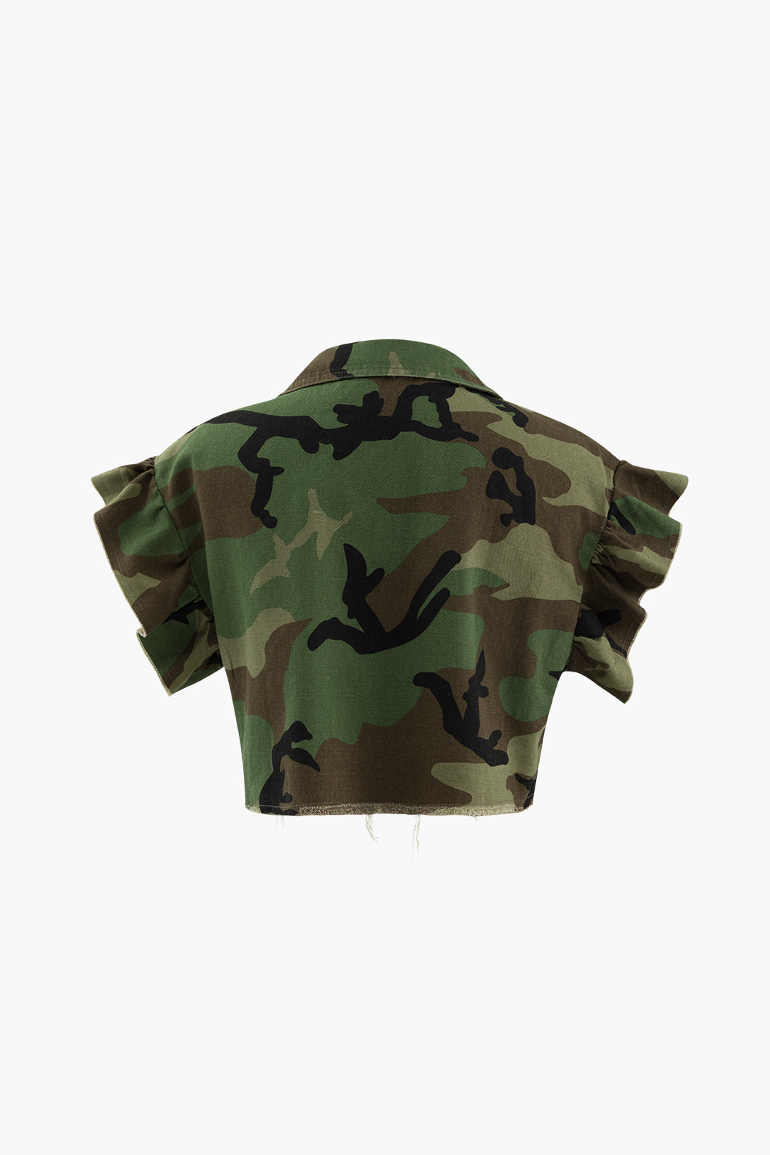 Camo Ruffle Sleeve Crop Frayed T-Shirt Dreamardi