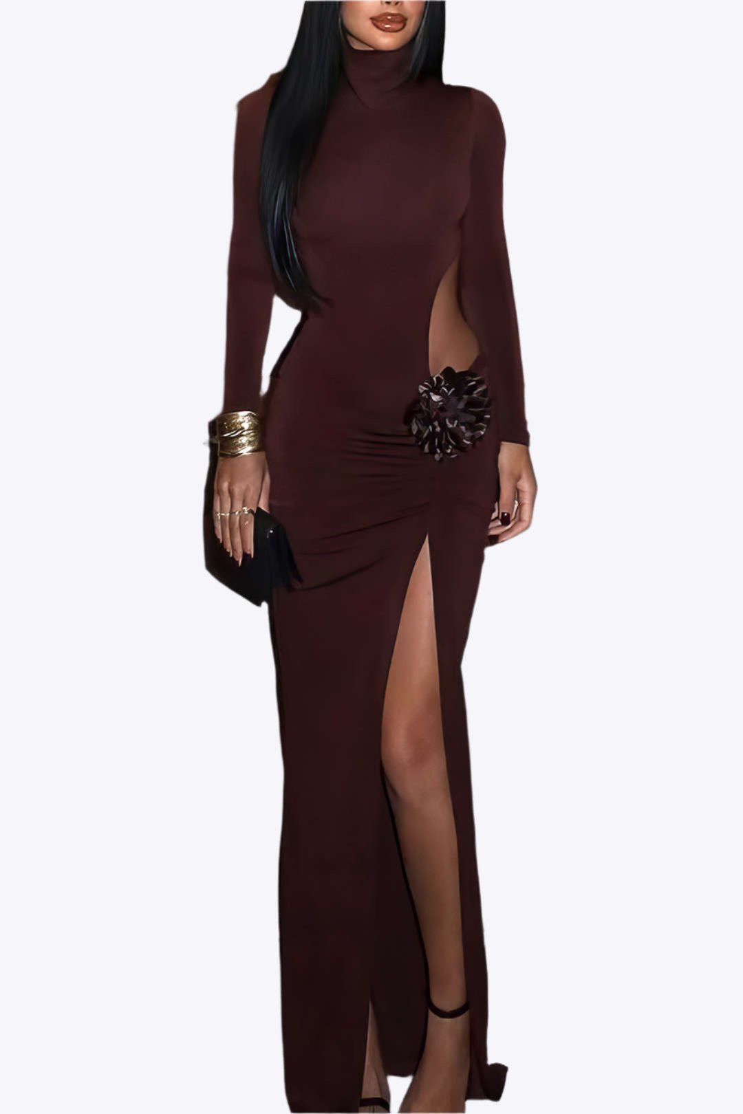 Sofia - Stunning 3D Floral Long Sleeve Slit Maxi Dress for Special Occasions Dreamardi