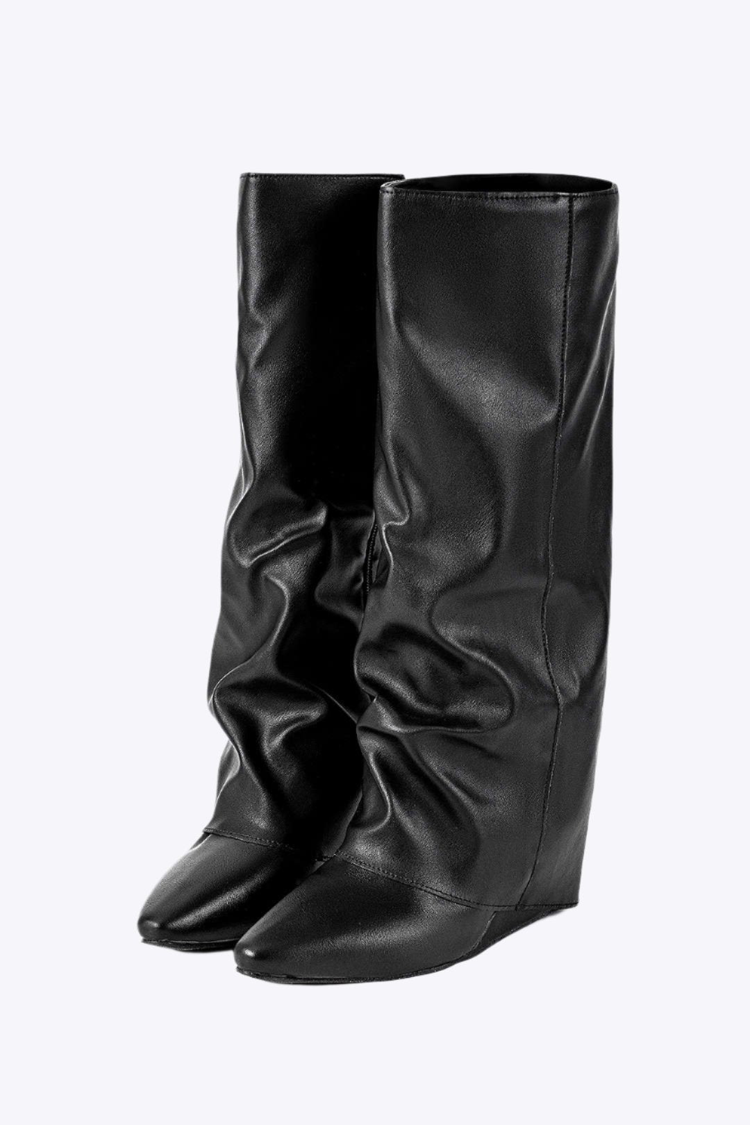 Faux Leather Almond Toe Mid Calf Boots Dreamardi