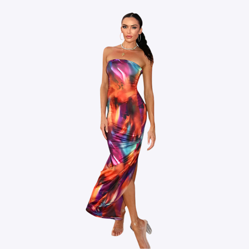 Color Blooming Printed Tube Top Long Dress Dreamardi