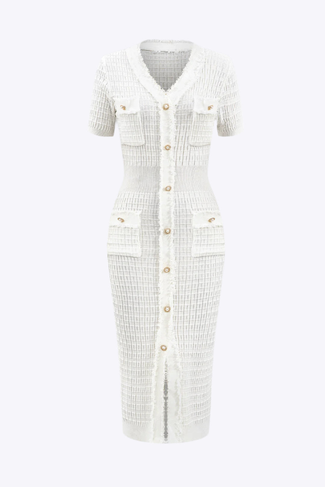 Knit V-Neck Button Short Sleeve Dress Dreamardi