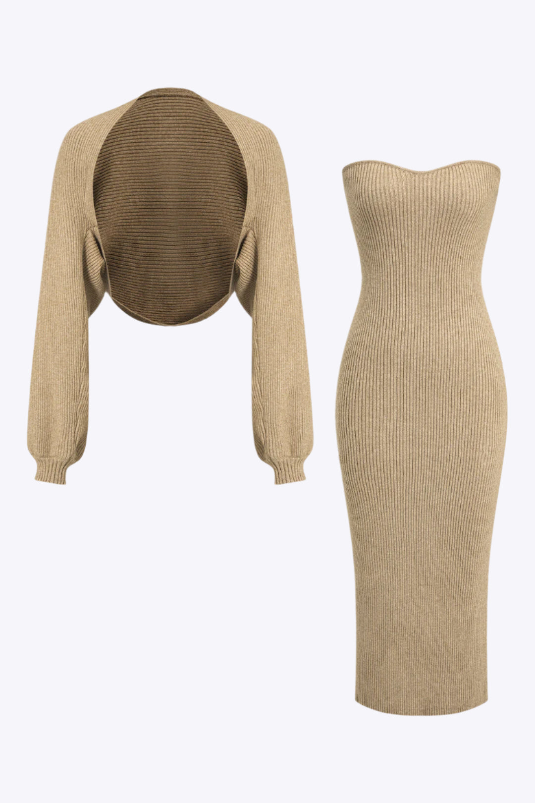 Ribbed Knit Strapless Midi Dress And Bolero Set Dreamardi