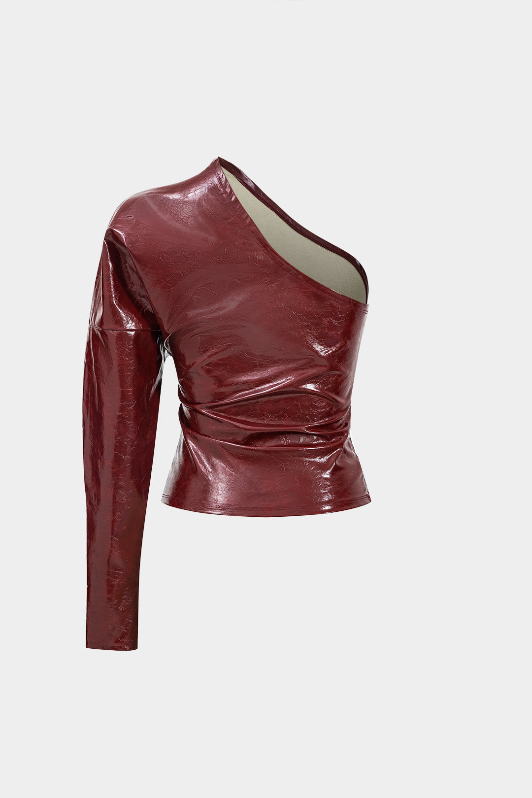 Faux Leather One Shoulder Asymmetrical Long-Sleeve Shirt Dreamardi