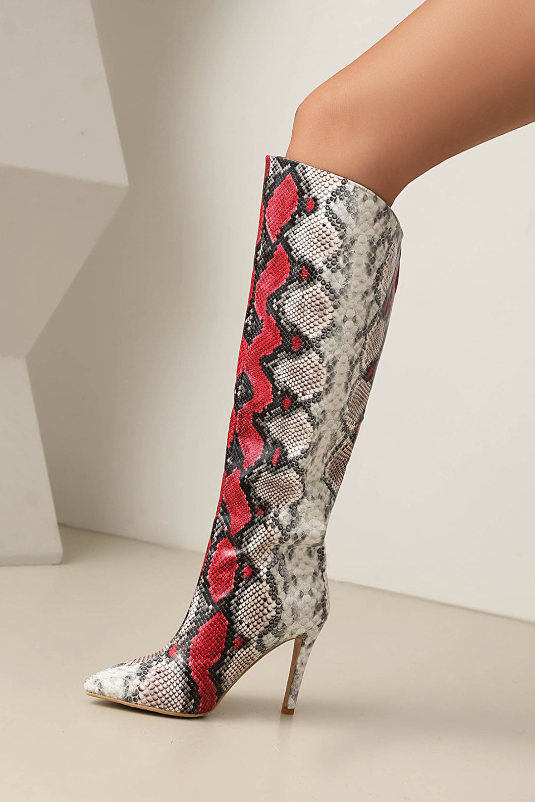 Snake Skin Faux Leather High Heel Pointed Toe Over The Knee Boots Dreamardi