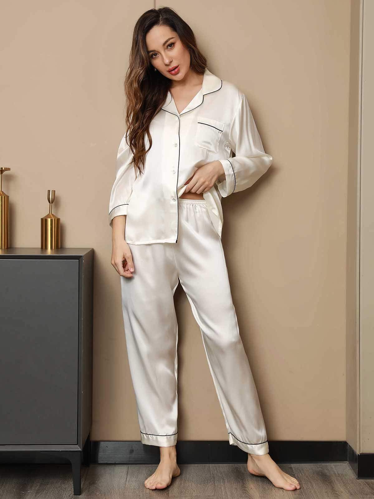 Binding Trim Lange Mouw Moerbei Zijde Pyjama Set Dreamardi