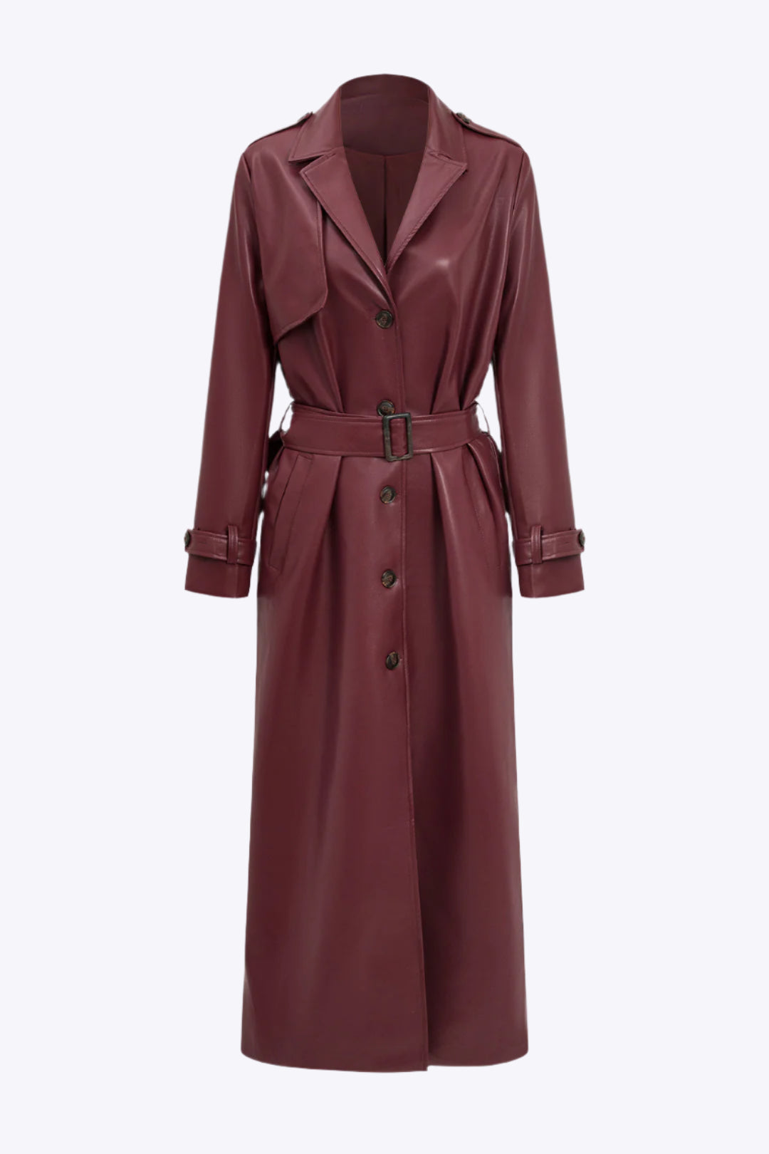 Solid Faux Leather Button Pocket Belted Coat Dreamardi