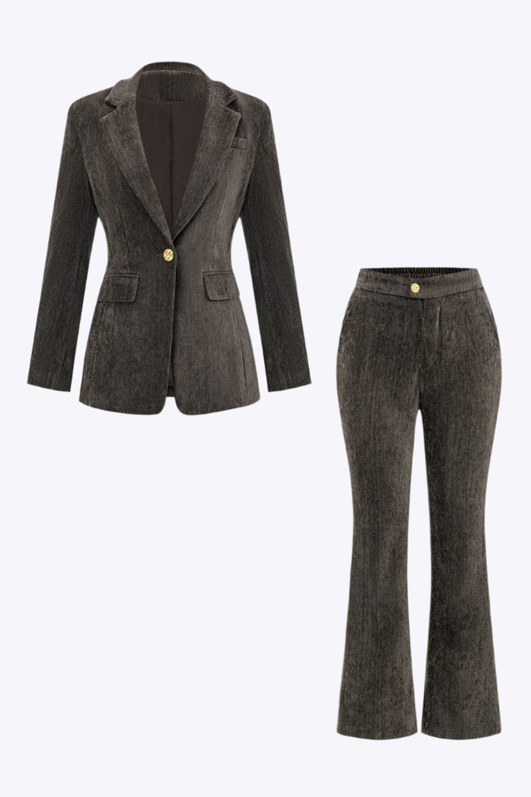 Notched Lapel Fake Button Pocket Blazer And Flared Leg Trousers Set Dreamardi