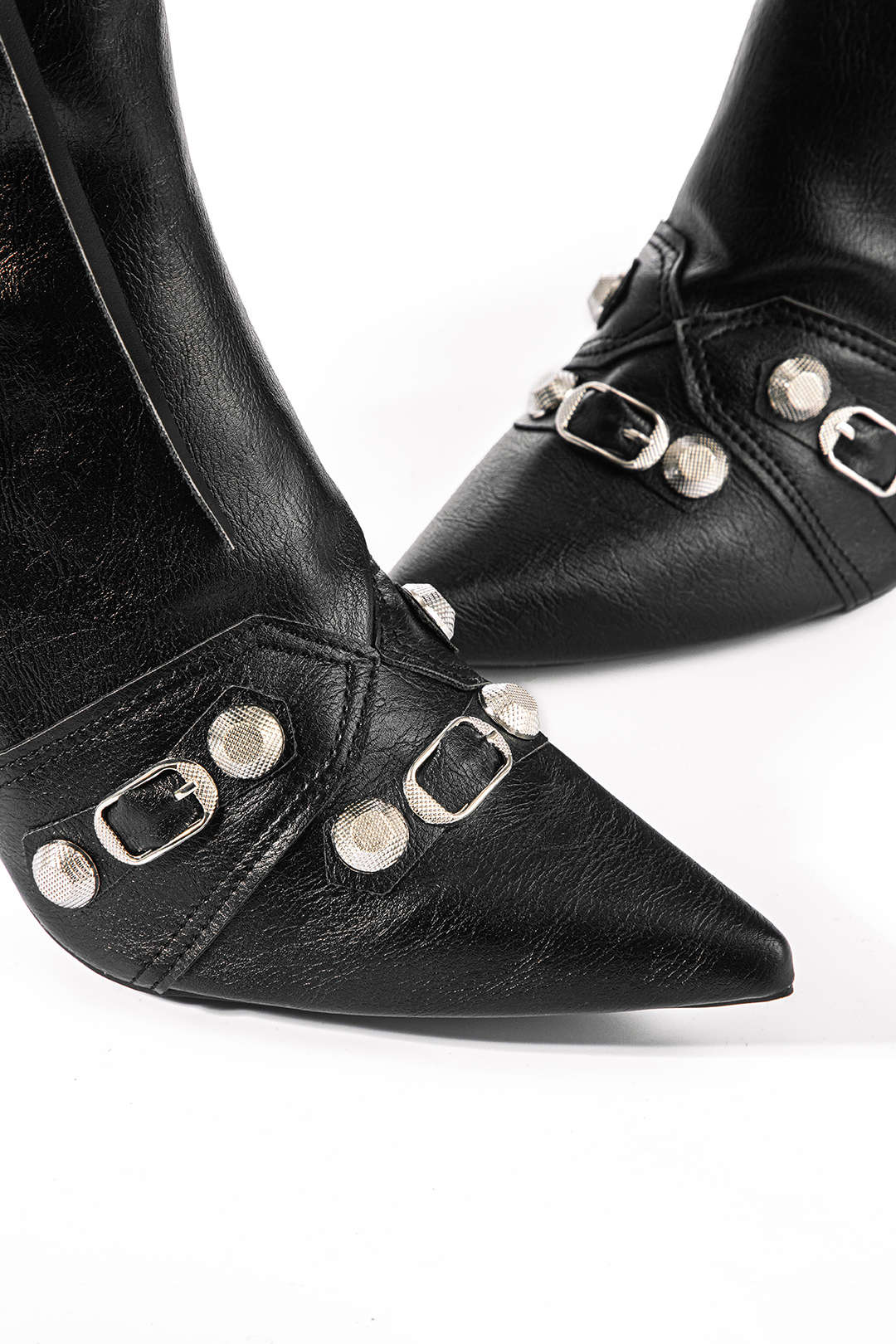 Faux Leather Studded Pointed Toe Ankle Boots Dreamardi