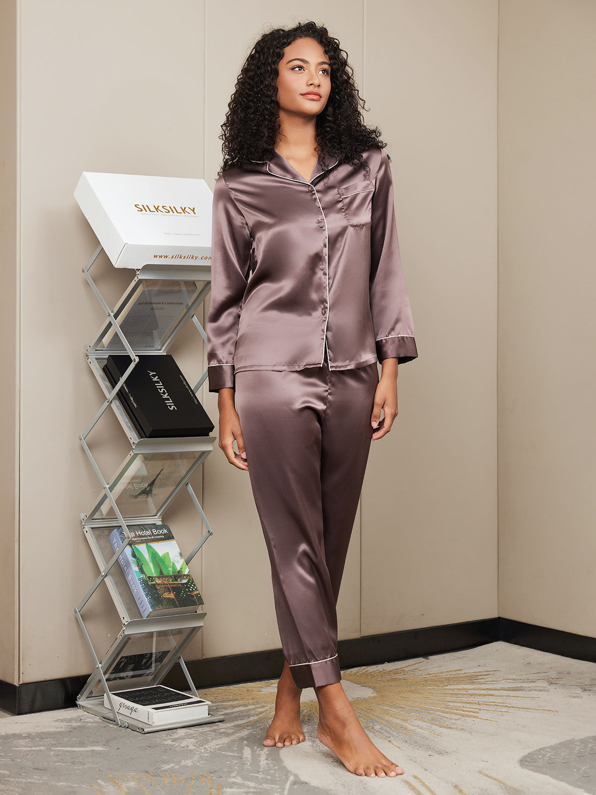 Binding Trim Lange Mouw Moerbei Zijde Pyjama Set Dreamardi