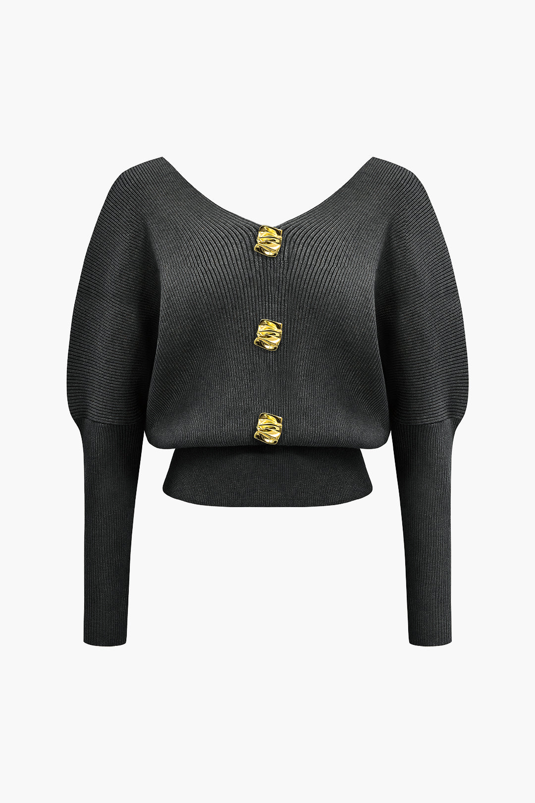 Solid Button V-Neck Sweater Long-Sleeve Top Dreamardi