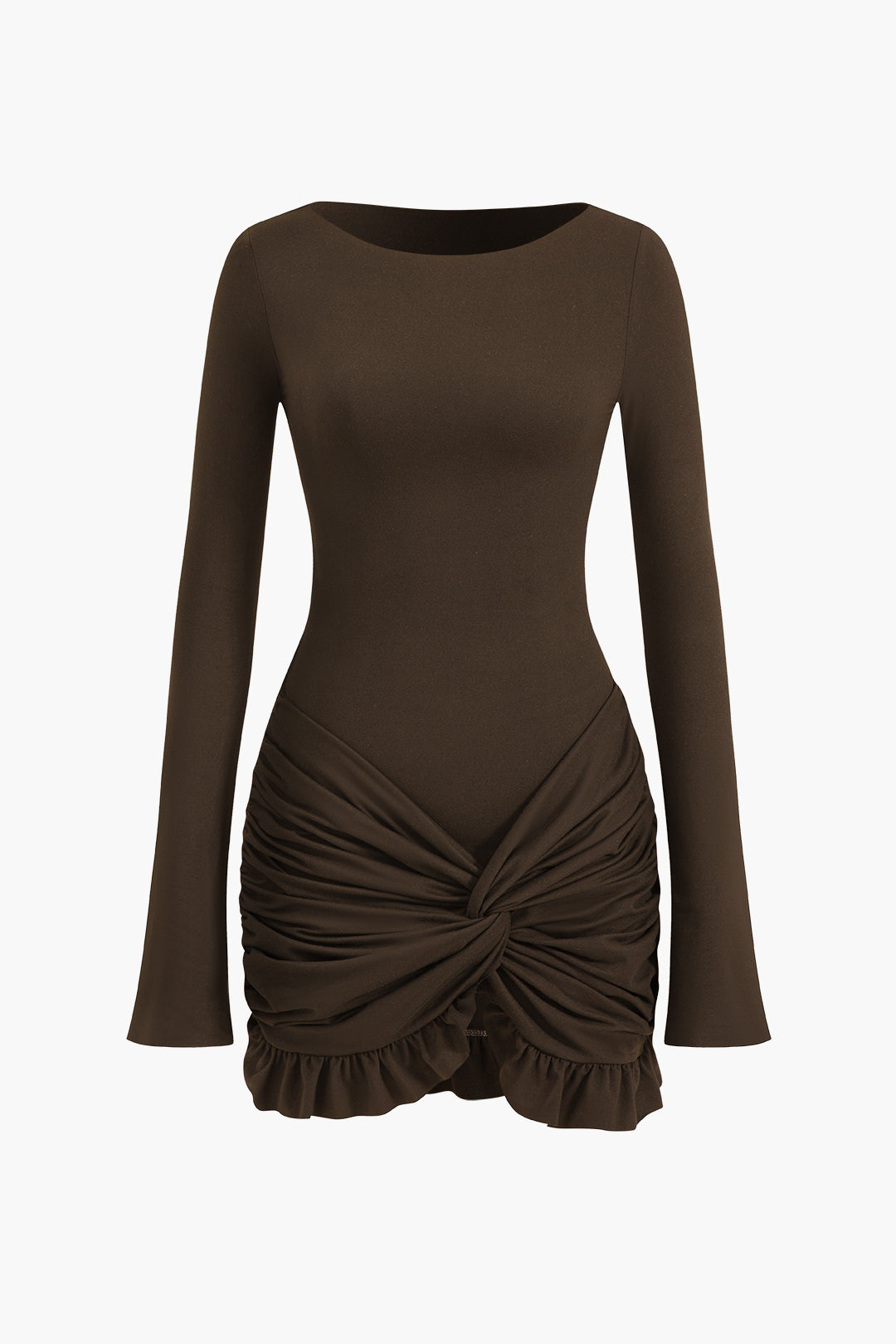 Solid Ruffle Ruched Twist Long Sleeve Mini Dress Dreamardi