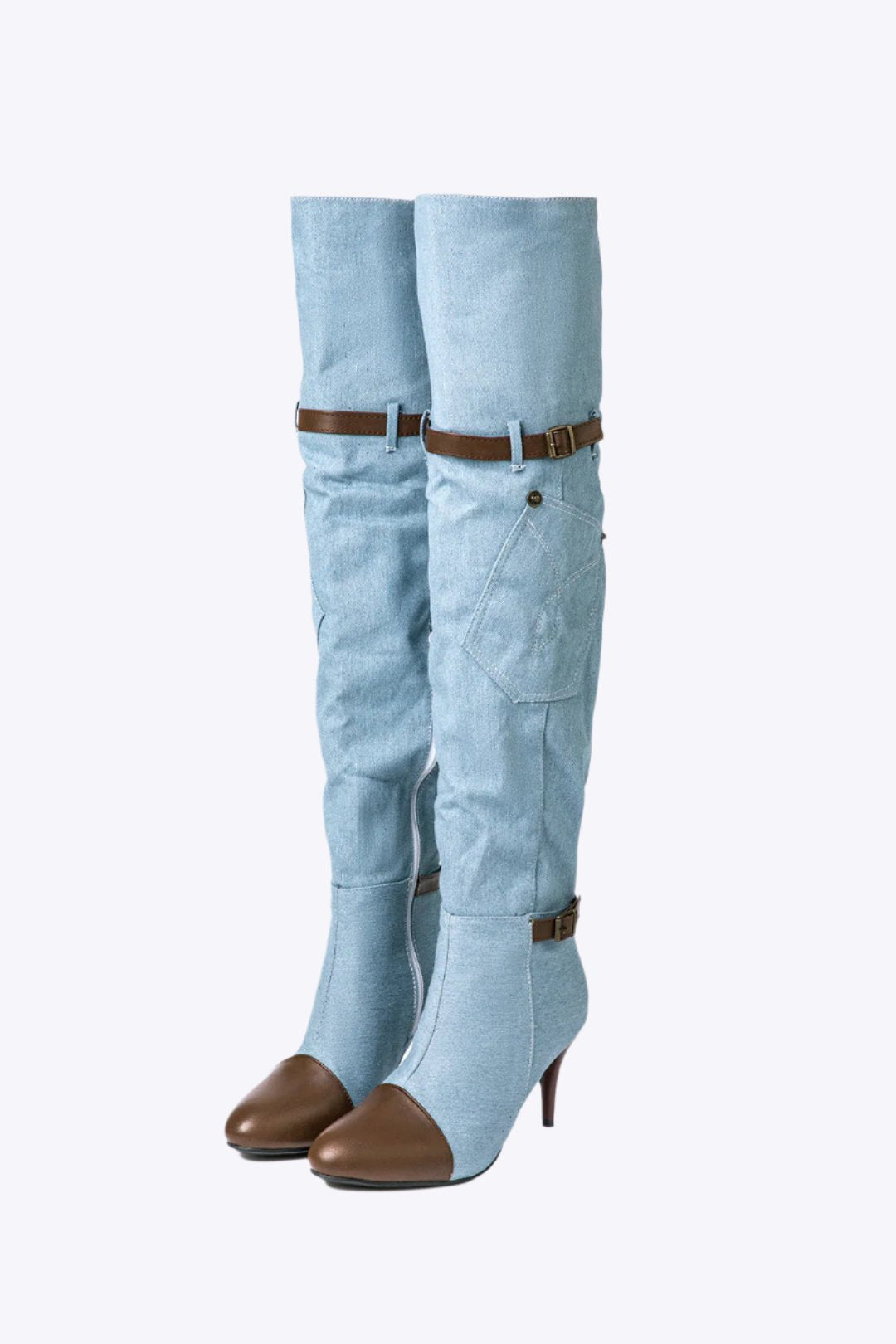 Denim Patchwork High Heel Almond Toe Over The Knee Boots Dreamardi