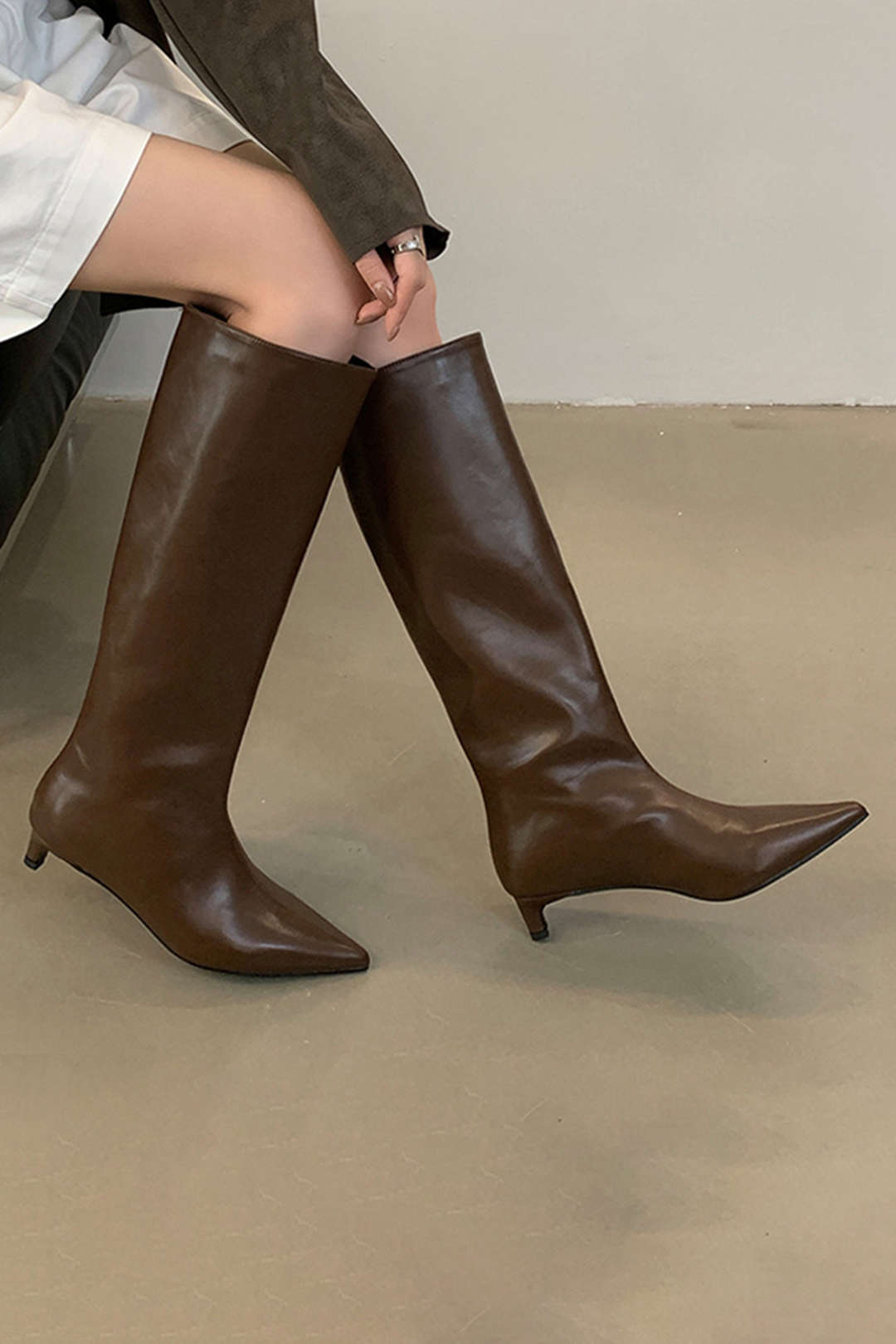 Faux Leather Pointed Toe Thin Heel Knee-High Mid Calf Boots Dreamardi