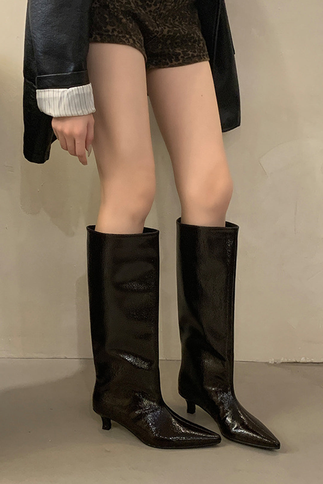 Faux Leather Textured Pointed Toe Knee High Boots Dreamardi