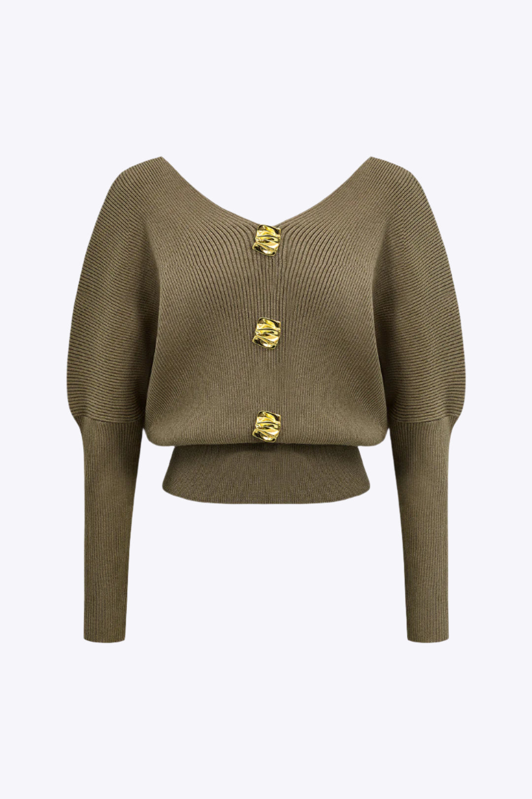 Solid Button V-Neck Sweater Long-Sleeve Top Dreamardi