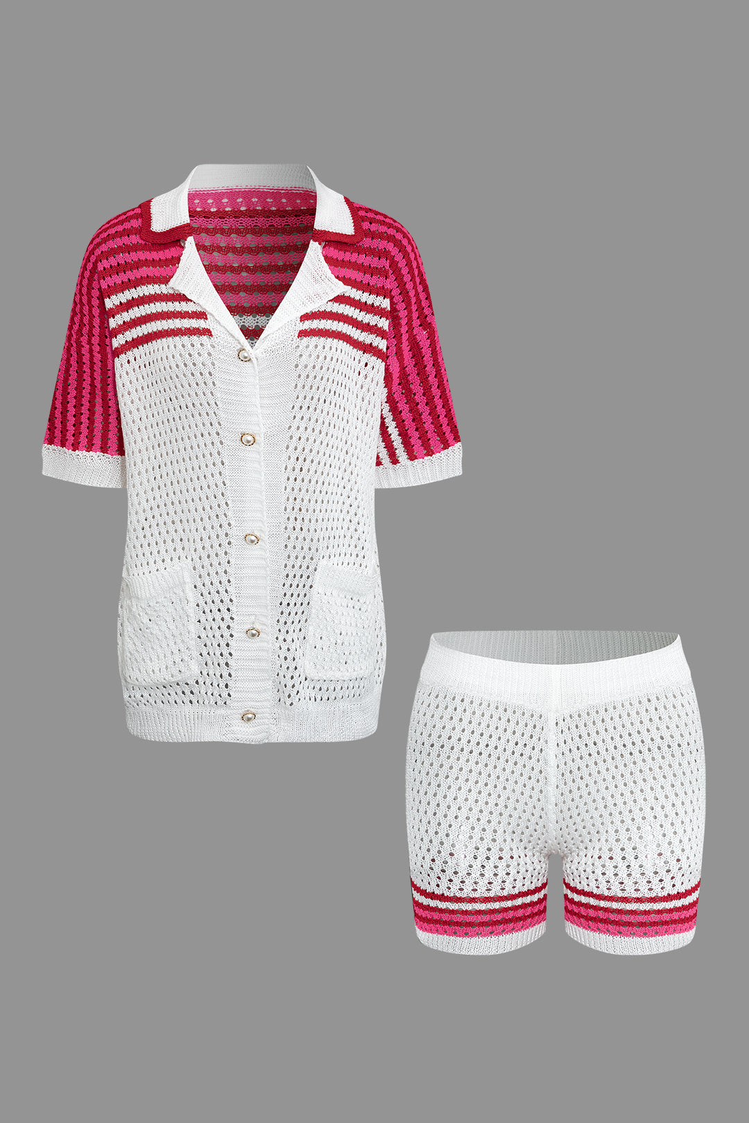 Striped Crochet Knit Cardigan and Shorts Set Dreamardi