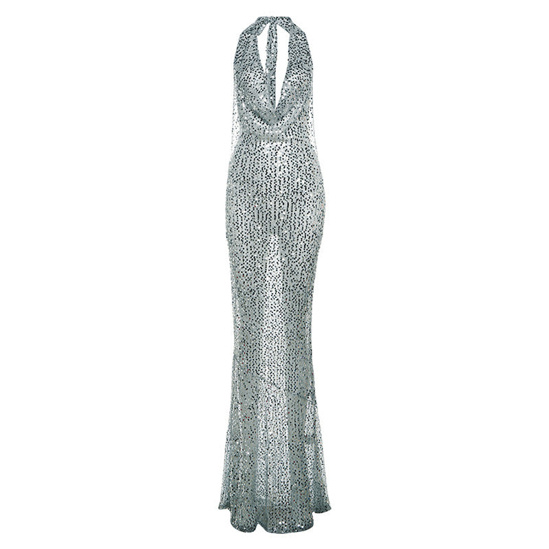 Women's Fashionable Sequins Halter Fishtail Dress Dreamardi