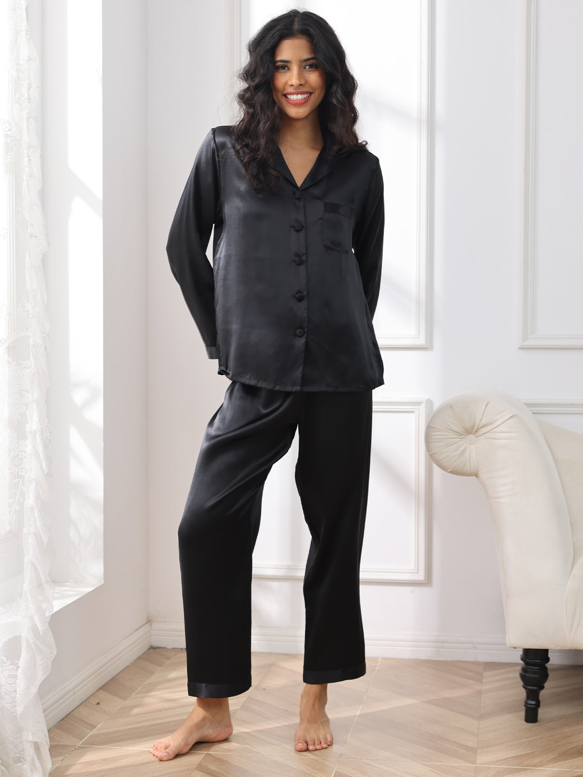 Zuivere Zijde Button Up Dames Pyjama Set Dreamardi