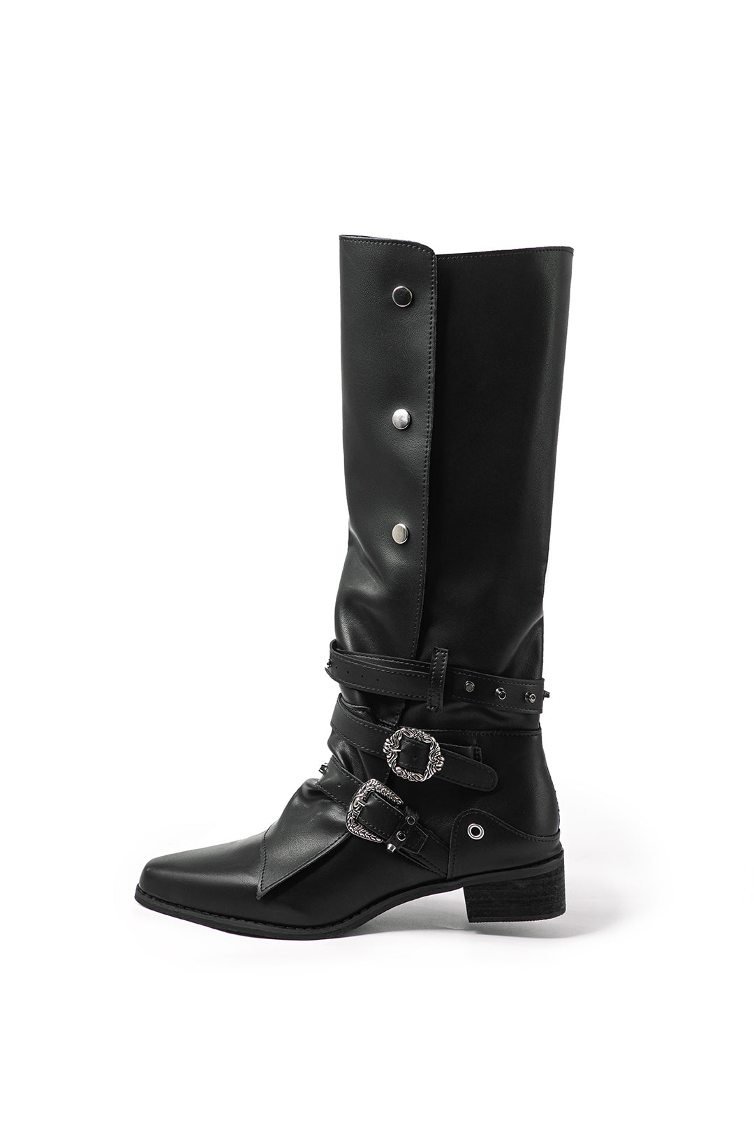 Retro Faux Leather Studded Pointed Toe Knee High Boots Dreamardi