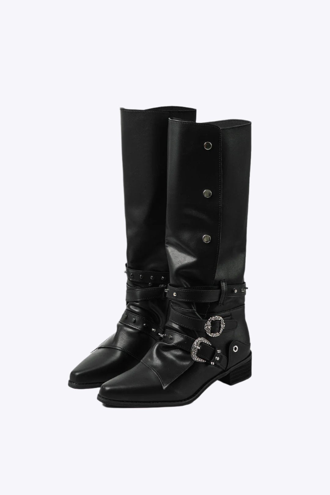 Retro Faux Leather Studded Pointed Toe Knee High Boots Dreamardi