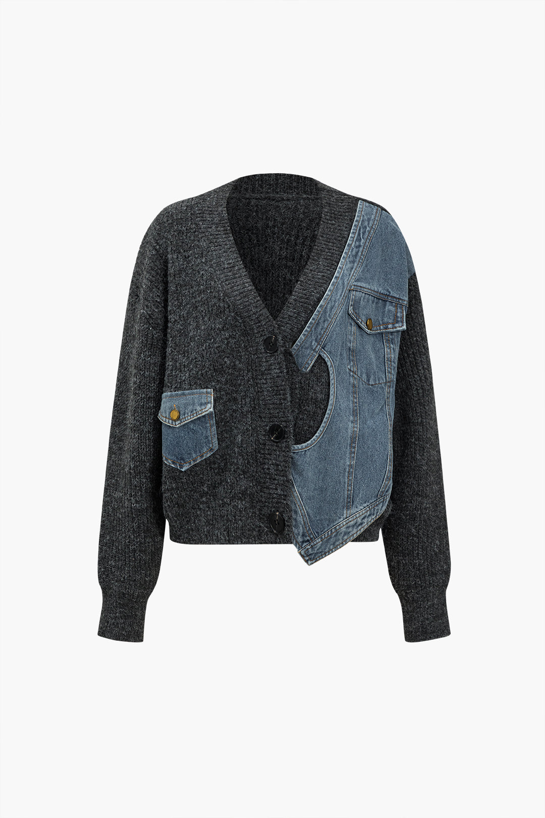 Patchwork Denim Knit Color Block Button Asymmetrical Pocket Cardigan Dreamardi