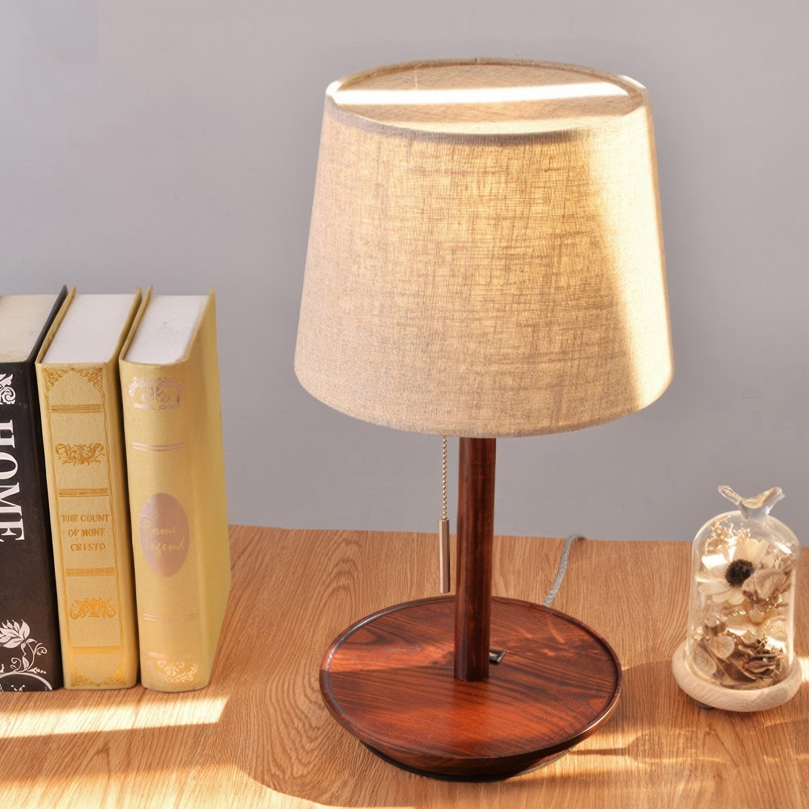 TimberGlow - Elegant Walnut Structure with Fabric Details Table Lamp