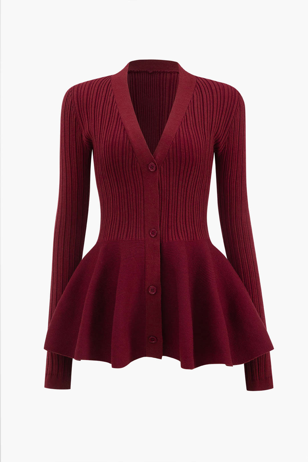 Solid V-neck Puff Hem Sweater Cardigan Dreamardi