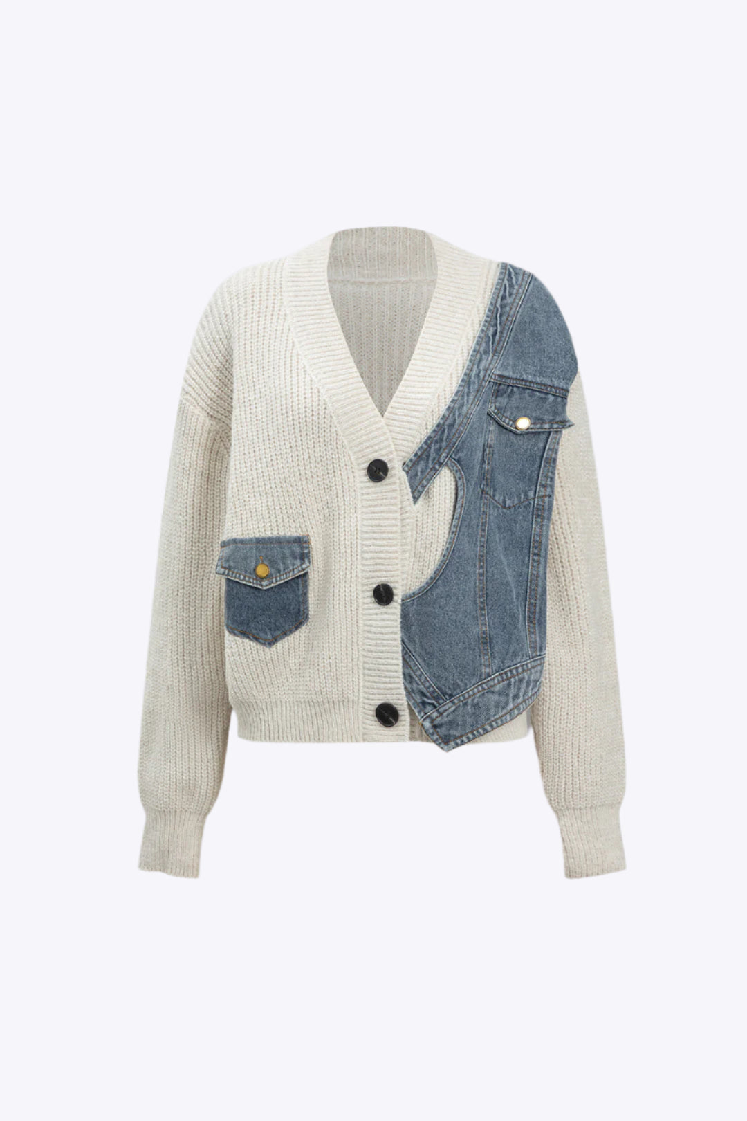 Patchwork Denim Knit Color Block Button Asymmetrical Pocket Cardigan Dreamardi